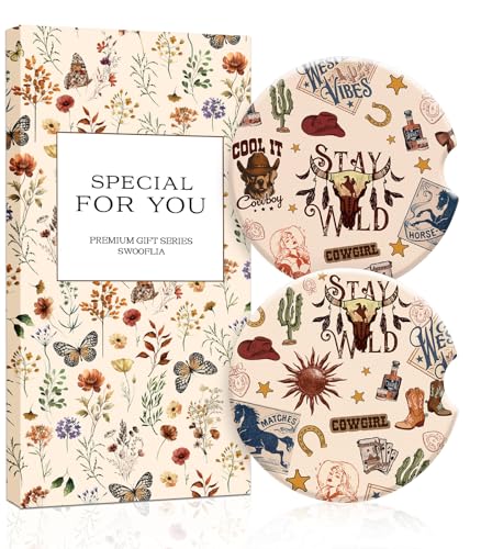 Swooflia 2 Pack Absorbent Ceramic Car Coasters for Women - color: Western Cowboy Collage