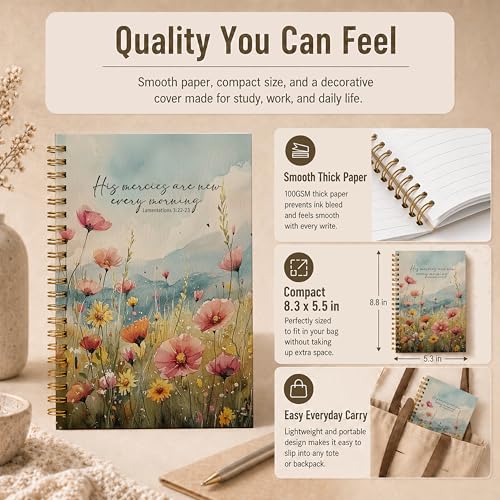 Wildflower Christian Spiral Notebook, His Mercies Are New Every Morning Bible Verse Journal, Rustic Floral Religious Hardcover Lined Notebook Journal, 5.5x8.3 Inch - color: pattern-16