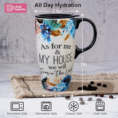 Topadorn 17oz Ceramic Travel Mug with Lid, Christian Bible Verse Mug - color: As for me&my house
