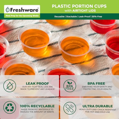 Freshware Plastic Portion Cups with Lids [2 Ounce, 200 Sets] Disposable Plastic Cups for Meal Prep, Salad Dressing, Jellos Shot Cups, Souffle Cups, Condiment and Dipping Sauce Cups - size: 2 oz - 200 sets