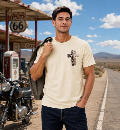 Christian Shirts for Men I Can Do All Things Through Christ Cross T-Shirt - color: Creamy Yellow, size: Small