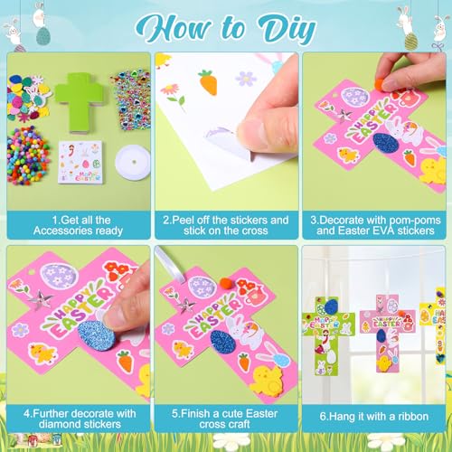 Funrous 48 Sets Crafts Kit Paper Crafts DIY Make Your Own Hanging Ornaments with Pompoms Diamond Stickers for Holiday Classroom Activities Party Favors, Easter Cross - style: Easter Cross