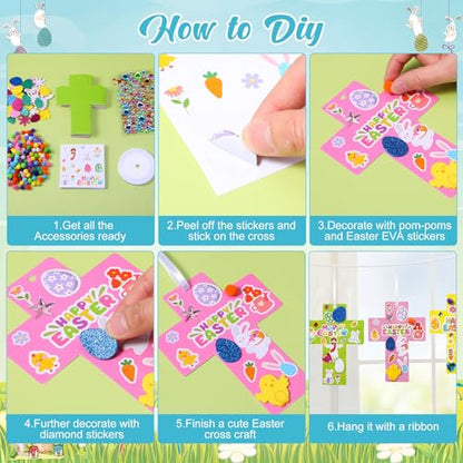 Funrous 48 Sets Crafts Kit Paper Crafts DIY Make Your Own Hanging Ornaments with Pompoms Diamond Stickers for Holiday Classroom Activities Party Favors, Easter Cross - style: Easter Cross