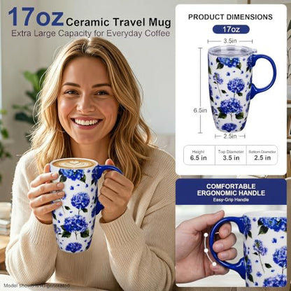 Topadorn 17oz Ceramic Travel Mugs Set of 2 with Lids, Butterfly Floral Set - color: Butterfly & Hydrangea