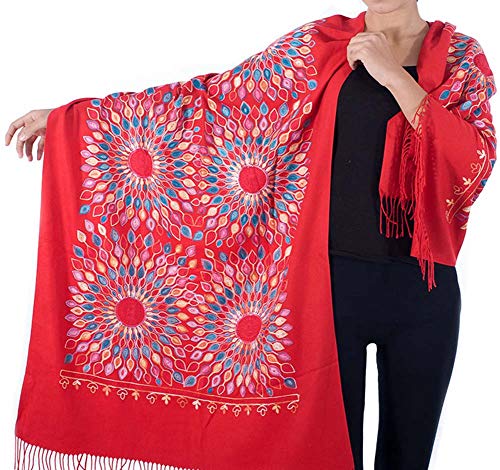 Urban CoCo Embroidered Scarf for Women, Tassel Shawl, Soft Lightweight Wrap - color: Red