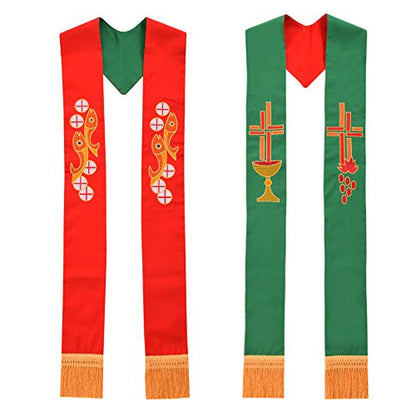 BLESSUME Pastor Vestments Reversible Stole with Fish Chalice Embroidery Red and Green