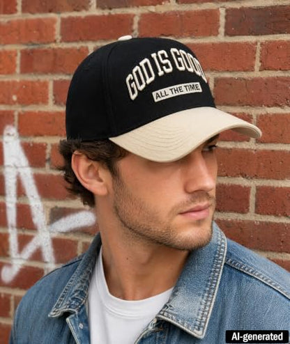 God is Good Hat, Christian Hats for Men & Women Religious Gift - color: Beige/Black