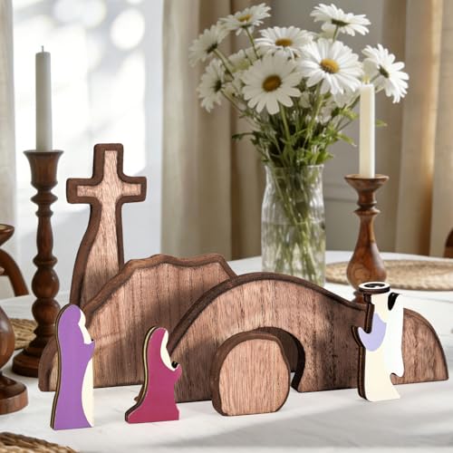 JarThenaAMCS Empty Tomb Easter Table Scene and Cross Decoration Wooden Jesus Nativity Scene He is Risen Centerpiece for Christian Party Home Tabletop Tray Decor, Set of 7 Pcs