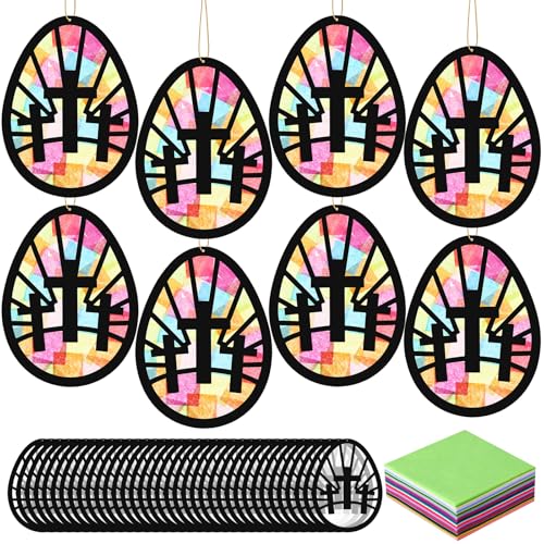 DoubleFill 36 Sets Religious Easter Crafts Easter Egg Cross Suncatchers Kit Christian Jesus Cross Crafts Lent Tissue Paper Stained Glass Effect Window Art for Church Home Decor Ornament Party Art - style: Easter Cross