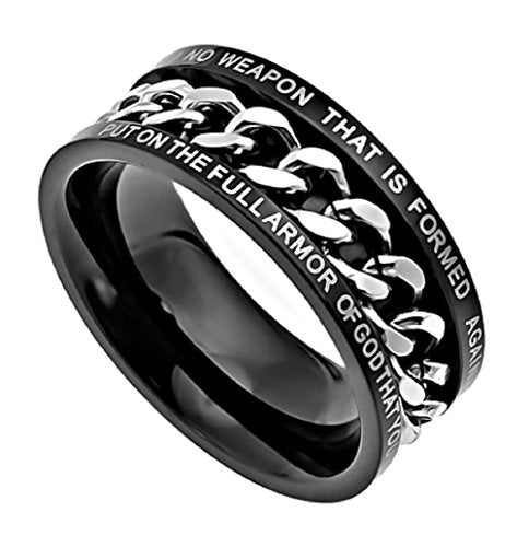 Isaiah 54:17 Band, Stainless Steel Black, Spinner Chain, Christian Bible Verse Ring (9)