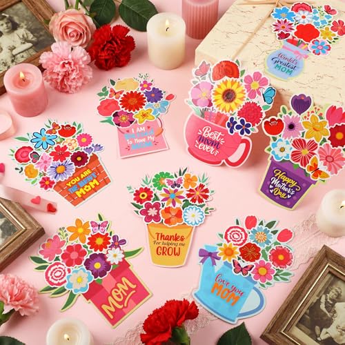 Frienda 48 Set Mother's Day Craft Kit Happy Mother's Day Flowers DIY Paper Crafts Make Your Own Flower Pot Hanging Ornaments with Floral Stickers Thankful Gift for Mom Lady Classroom DIY Art Activity - style: Flower