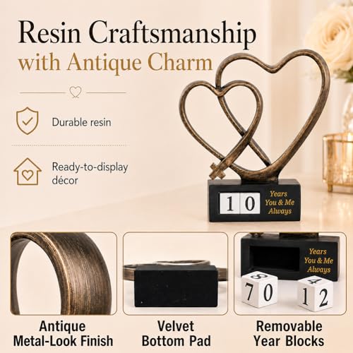 Wedding Anniversary Couples Gift - 1st to 50th or 60th for Wife Parents Husband, Wedding Gift for Couple, Two Hearts Decor and Cross Sculpture with Rotating Year, Printed Poem Card
