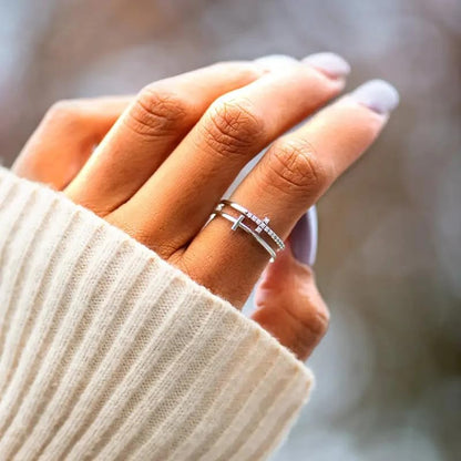 Double Cross Ring 18k Gold Plated 925 Sterling Silver Cubic Zirconia Simple Plain Stackable Statement Promise Rings Inspiration Christian Ring Faith Hope Love Cross Religious Ring Gift (Silver 7#) - color: silver, size: silver 7#