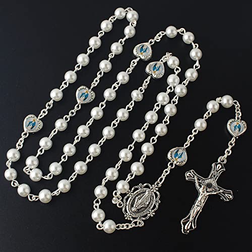 HanlinCC Catholic Miraculous Rosary Glass Pearl Beads Pray Card & Gift Bag - color: White