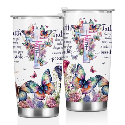 Christian Gifts for Women Tumbler, Inspirational Faith Religious Gifts for Women Girls Friends Birthday Christmas, Bible Verse Butterfly Coffee Mug Stainless Steel Vacuum Insulated Travel Cup with Lid - color: Faith Butterfly 1217