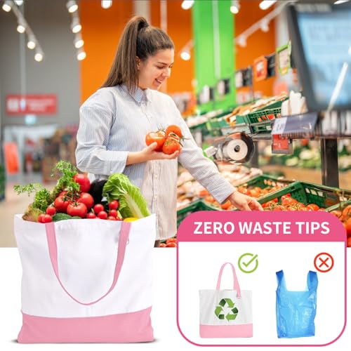 6-Pack Canvas Tote Bag with Zipper, Large Reusable Grocery Tote, Pink - color: Pink/White