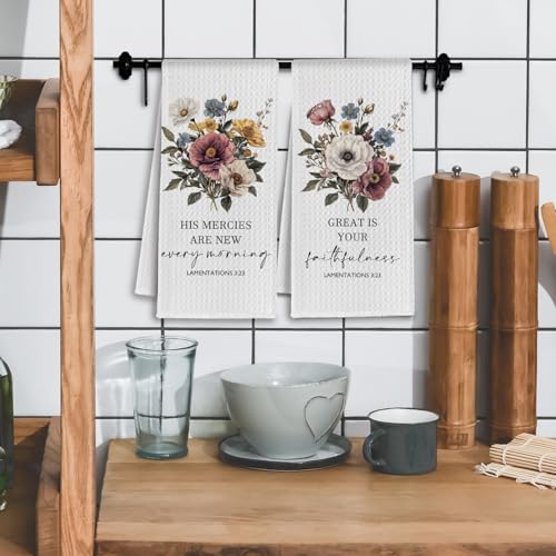 Vintage Floral Christian Kitchen Towels, Christian Faith Gifts Dish Tea Towels for Kitchen, Lamentations 3:23 Bible Verse Decorative Hand Towel for Bathroom, 16x24 Inch Set of 2 - color: Vintage Floral