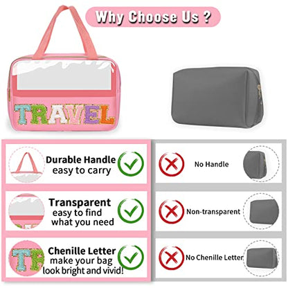 Preppy Clear Travel Makeup Bags with Chenille Letter Patches, Travel Essentials Large Clear Make up Bag Zipper Pouch with Handle, Waterproof Nylon Cosmetic Toiletry Storage Tote for Women(TRAVEL-Pink) - color: TRAVEL-Pink