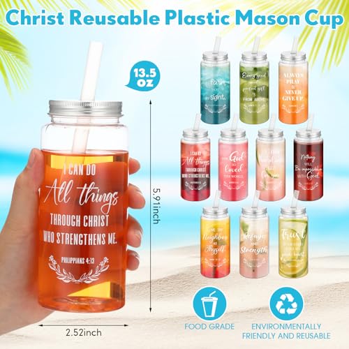 LemonRoad 20 Pack Christian Gift Religious Cups Bulk 13.5 oz Bible Verse Plastic DIY Mason Jar Cups with Straw Lid Reusable for DIY Craft Church Coworker Employee Gift Decoration(English) - style: English