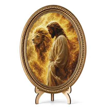 Razpah Vintage Jesus and Lion Wall Art, Christian Oval Wood Sign, 11.2 Inch