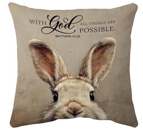 huester Easter Bunny Christian Pillow Cover 18x18, Easter Bunny Decor, with God All Things are Possible Bible Verse Decorative Throw Pillow Cover Pillowcases for Home Bedroom Living Room Decor