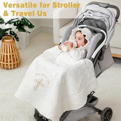 Cotton Quilted Baptism & Christening Baby Blanket Cross Gift 33"x45" - color: Golden Blessing Blanket