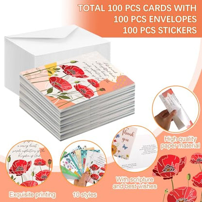 Motiskyy 100 Pack Religious Thank You Cards Bulk 4x6 Inch Christian Appreciation Card with Envelopes Stickers 10 Design Assortment with Scripture Blessings Inspirational Bible Verse(Watercolor)