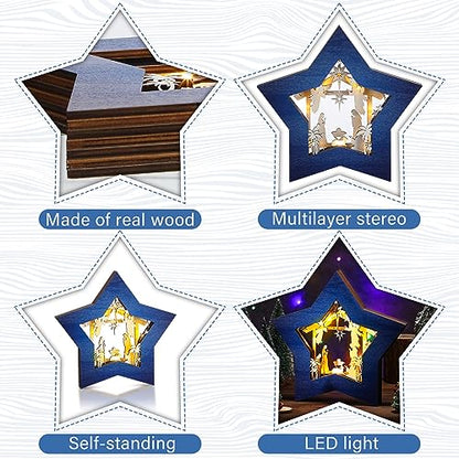 Bucherry Wooden Nativity Scene Christmas Tabletop Ornament,Blue White - style: Blue White