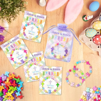 BeYumi Bunny Bracelet Craft Kit - 24Pcs Pack Christian Bunny and Cross Beads Bracelets with Jesus is Risen Gift Cards DIY Religious Faith Peeps Craft Kit Party School Classroom Fun Activities Kids - style: Easter Bunny