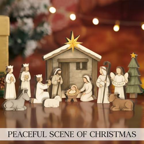 Wooden Nativity Set, Wood Christmas Nativity Scene Set - color: Neutral Color