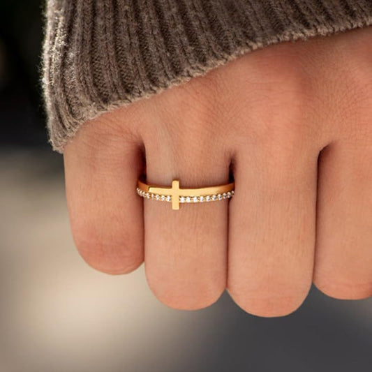 Cross Rings for Women, Let Go And Let God Ring, To My Daughter, Pray On It Golden Cross Ring, Stackable Cubic Zirconia Cross Ring Eternity Promise Ring for Her Wedding Band Ring Jewelry - size: 10#