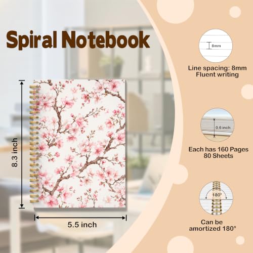 JMICTUB Pink Cherry Blossom Floral Spiral Notebook 5.5x8.3, Japanese Flower Botanical Hardcover Lined Journal - color: Spiral notebook-17