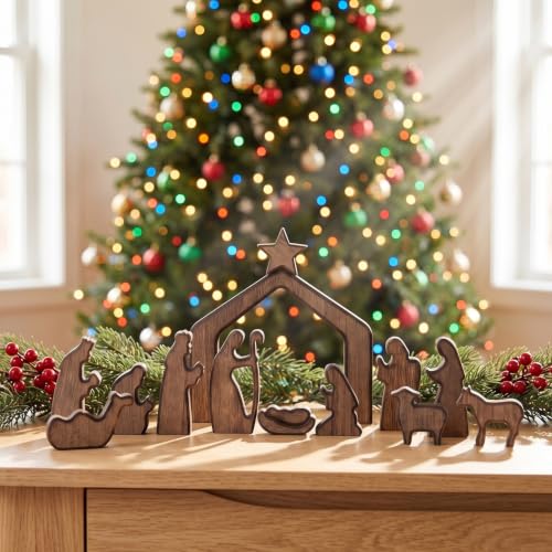 FESTGLOX Wooden Nativity Set Indoor, 13Pcs Small Christmas Nativity Scene - color: Nativity-13 Pieces