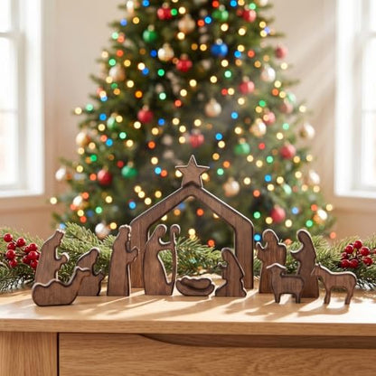 FESTGLOX Wooden Nativity Set Indoor, 13Pcs Small Christmas Nativity Scene - color: Nativity-13 Pieces