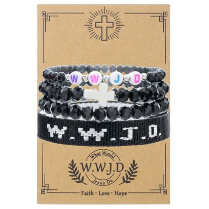 WWJD What Would Jesus Do Christian Stackable Bracelet Set for Women Men, Inspirational Faith Cross Beaded Elastic Wristbands, Religious Bible Verse Jewelry Gift for Church - color: Black 4pcs