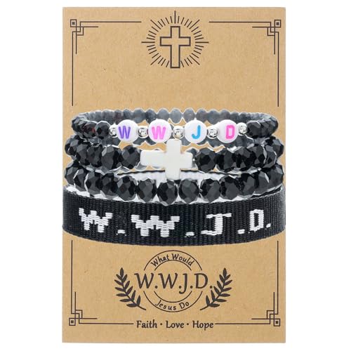 WWJD What Would Jesus Do Christian Stackable Bracelet Set for Women Men, Inspirational Faith Cross Beaded Elastic Wristbands, Religious Bible Verse Jewelry Gift for Church - color: Black 4pcs