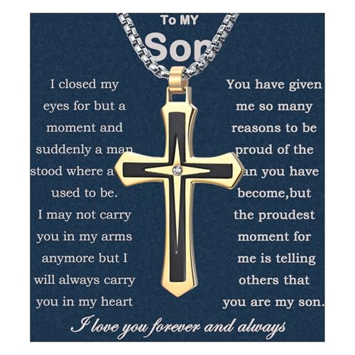 MGOOL Son Gifts From Mom To My Son Necklace From Dad Faith Cross Necklace Present Graduation Birthday Gifts Message Card＆LED Gift Box - color: SN928 Gold-black Led Box
