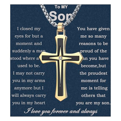 MGOOL Son Gifts From Mom To My Son Necklace From Dad Faith Cross Necklace Present Graduation Birthday Gifts Message Card＆LED Gift Box - color: SN928 Gold-black Led Box