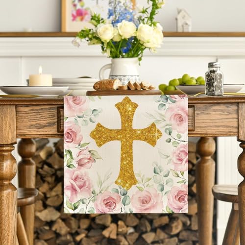 Artoid Mode Pink God Bless Girl Baptism Baby Shower Table Runner, First Holy Communion Christening Holiday Kitchen Dining Table Decoration for Home Party Decor 13x90 Inch - color: Pink, size: 13" x 90", Table Runner