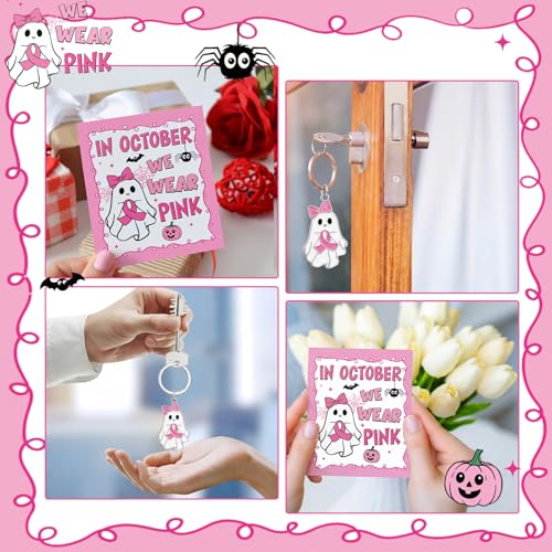 Yinkin 24 Sets Breast Cancer Awareness Keychians with Cards Bulk Pink Ribbon Halloween Ghost Bow Keychains Accessories for Women Survivor Public School Charity Events Gift Supplies - style: Pink Ghost