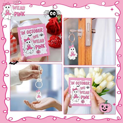 Yinkin 24 Sets Breast Cancer Awareness Keychians with Cards Bulk Pink Ribbon Halloween Ghost Bow Keychains Accessories for Women Survivor Public School Charity Events Gift Supplies - style: Pink Ghost