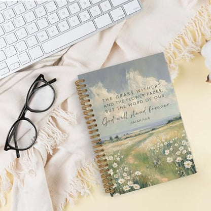QLMX Christian Isaiah 40:8 Spiral Notebook, Inspirational Bible Journal Notebook, Religious Faith Notebooks for School Work, Prayer Office Supplies Gifts for Women, 5.5x8.3 Inch - color: grass flower