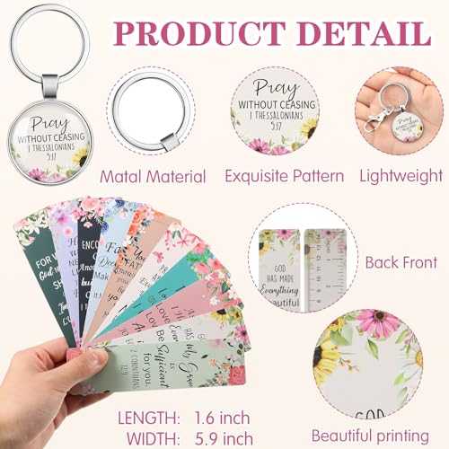 Jetec 150 Bible Verses Gift Set for 30 Christian Bookmarks 30 Scripture Ballpoint Pens 30 Christian Notebooks 30 Bible Verse Keychain 30 White Organza Bags for Women Men Office Church(Flower) - style: Flower