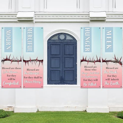 4Pcs Easter Church Banners for Sanctuary Wall Religious Banners Hanging Backdrop Praise Hanging Sign with Scripture Bible Verses Banner Easter Banner for Church School Decor(Blue-pink Gradient) - style: Blue-pink Gradient