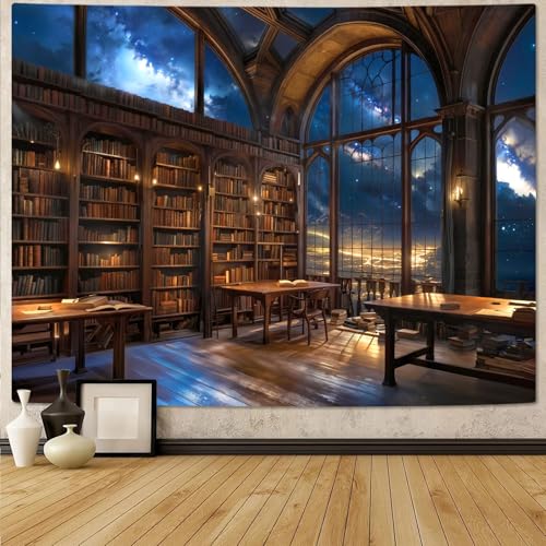 Accnicc Gothic Library Tapestry Vintage Medieval Bookshelf Tapestries Wall Hanging Fantasy Space Academia Book Large Tapestry for Bedroom Living Room Dorm Classroom 80 x 60 inch - color: Brown Blue, size: 80"L x 60"W