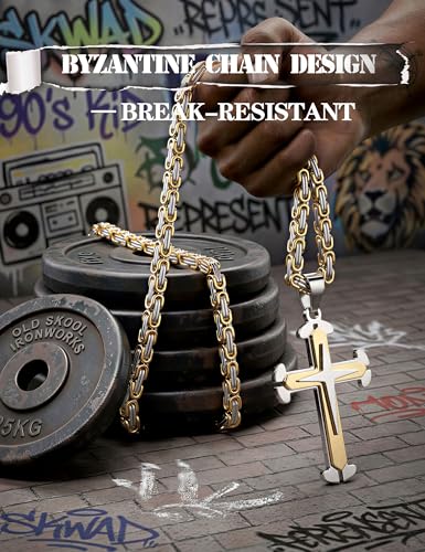 sailimue Stainless Steel Byzantine Cross Necklace for Men 22-30 inch - color: Gold, size: 22 in=56 cm (Men's Average Length)