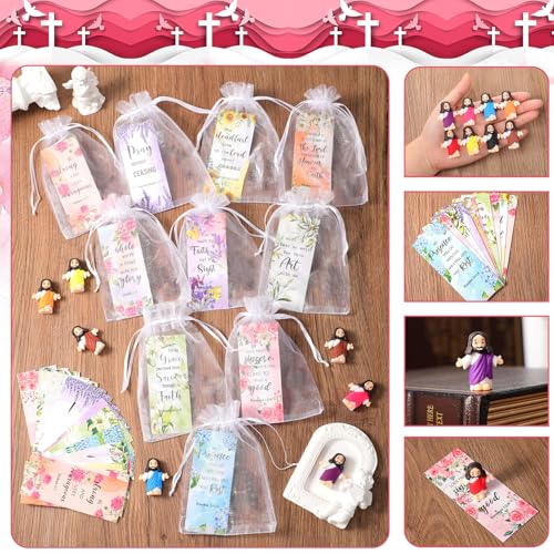Barydat 100 Sets Mini Jesus Figurines Bulk Easter Gift Little Jesus Figures Tiny Toys Christ Savior Doll with Cards Bags for Religious Party Favors Sunday School Baptism Gift(Floral Style) - style: Floral Style