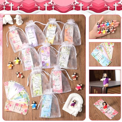 Barydat 100 Sets Mini Jesus Figurines Bulk Easter Gift Little Jesus Figures Tiny Toys Christ Savior Doll with Cards Bags for Religious Party Favors Sunday School Baptism Gift(Floral Style) - style: Floral Style