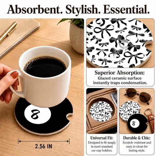 Black White Bow Car Coasters, Pool 8 Ball Retro Coquette Cup Holders, 06 - color: Black White Bow