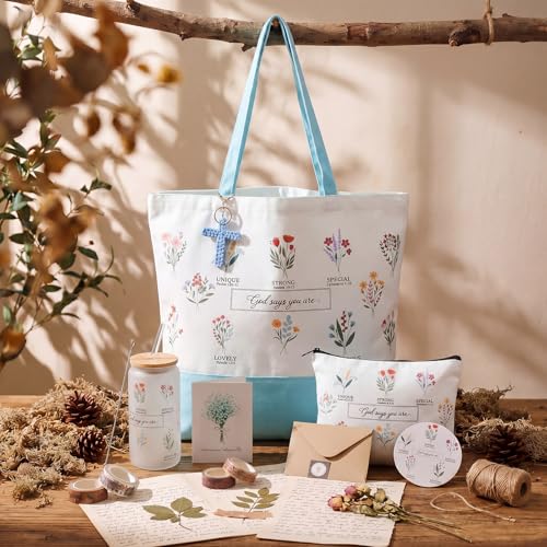 Aliceset 6 Pcs Religious Christian Gifts for Women Bible Verse Tote Bag Cosmetic Bag Glass Cup Keychain for Catholic Church(Blue) - color: Blue